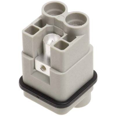 Grey electrical connector with multiple round and rectangular openings, with a black seal along the bottom edge.