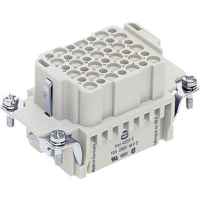 Industrial rectangular plug, made of plastic with multiple round connection points and screw fastenings on the sides.