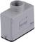 Metal plug housing from HARTING with threaded screw on top, rectangular shape and company logo on the side.