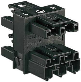 Black electrical multi-point connector, suitable for voltages up to 400V and current ratings of 25A.