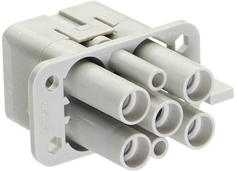 A grey, multi-pin connector with six round openings. It is commonly used in electrical systems to connect cables.