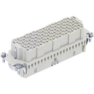 Rectangular electrical connector with numerous circular pins, secured by screws at both ends, for industrial applications.