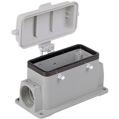 Grey metal enclosure with open lid, rectangular shape, threaded inlet on the side, suitable for industrial cable connections.