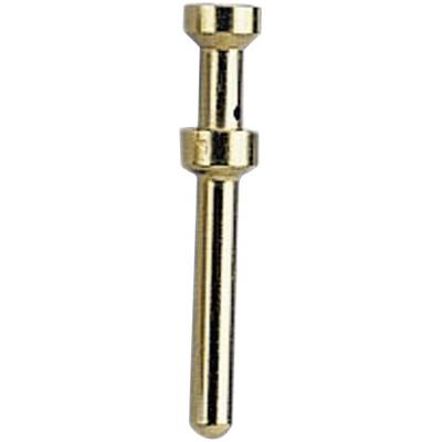 A gold-coloured metal pin, likely a technical component, with straight lines and two ring-shaped protrusions.