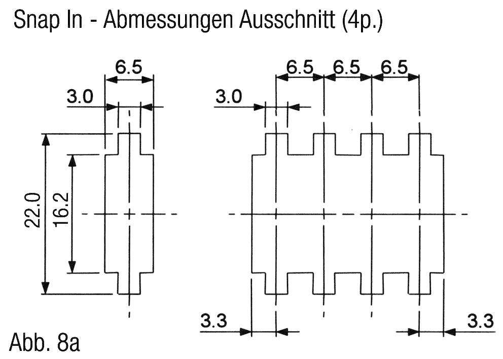'Fig. 8a: Drawing with dimensions for snap-in cutout (4-pole). Dimensions: 22.0 x 16.2, along with various smaller measurements.'