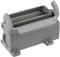 A grey industrial enclosure with a rectangular cutout, suitable for plug connectors, with mounting holes at the base.