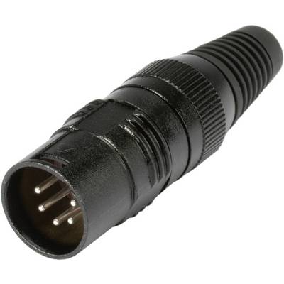 Black XLR plug with male pins, used for transmitting audio signals in professional sound applications.