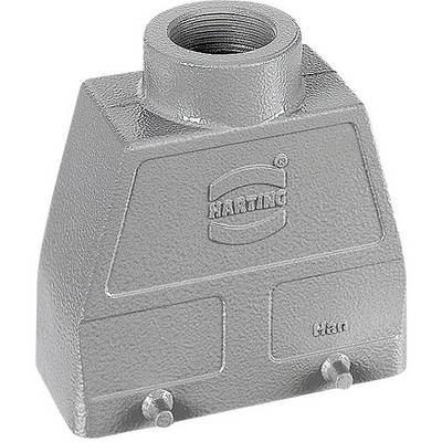 Grey HARTING industrial plug housing with two mounting points at the bottom. At the top, there is an opening for cable connections.