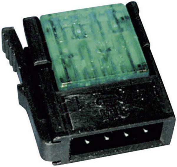 Black plastic plug with a turquoise upper section and four metal contacts. Used for connecting electronic devices.