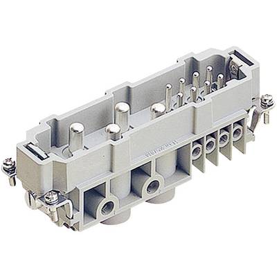 A rectangular electrical connector with multiple pins and screw terminals, made of grey material.