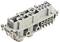 A grey industrial connector with multiple rectangular openings and screw fastenings, used for electrical connections.