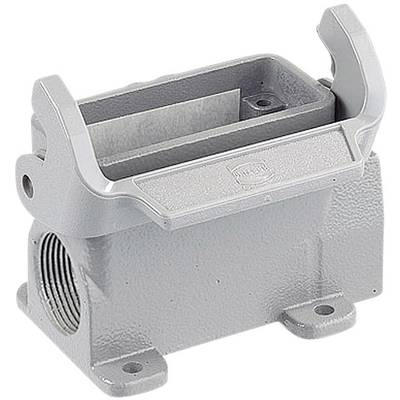 Grey painted metal enclosure with side openings and two lever arms on top. Used for securing electrical connectors.