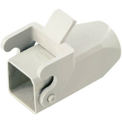 A grey plastic adapter with a square opening and closure mechanism, possibly a coupling piece for technical applications.
