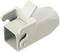 A grey plastic adapter with a square opening and closure mechanism, possibly a coupling piece for technical applications.