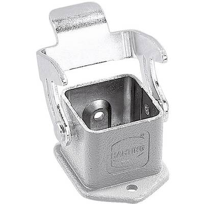 Metal housing for industrial electrical connectors, showing open cover, rectangular shape, with screw holes for mounting.