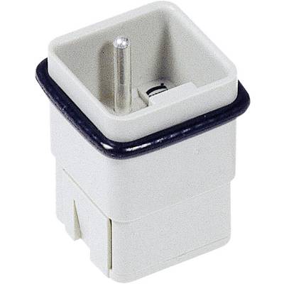 A white electrical plug socket with a square shape and protruding pin.