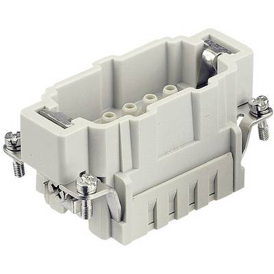 A rectangular, grey electrical connector with multiple metal contacts and screw fixings on the sides.