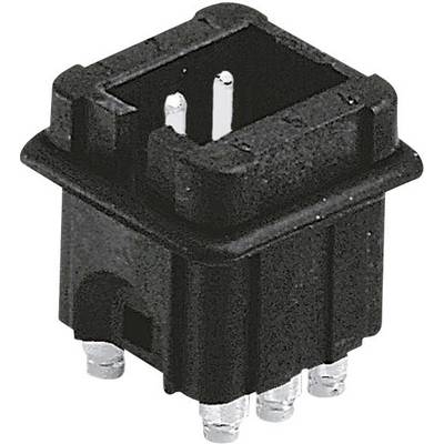 A black, square toggle switch with six metal pins; for electronic circuits.