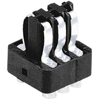 A three-pin socket for electronic components, suitable for horizontal mounting on a printed circuit board.