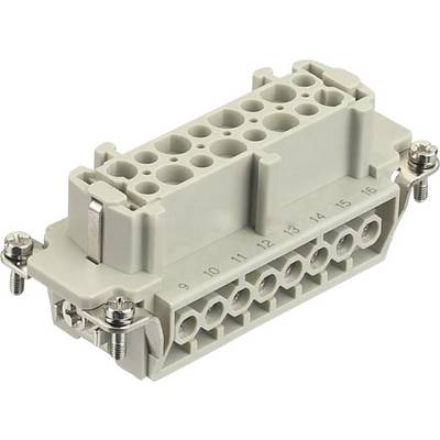 'Industrial connector with 16 pins, numbered from 1 to 16. Four fixing screws at the corners for mounting security.'