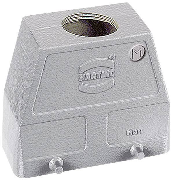 Grey, metallic HARTING connector housing cover with a brand-specific logo and two screw fasteners.