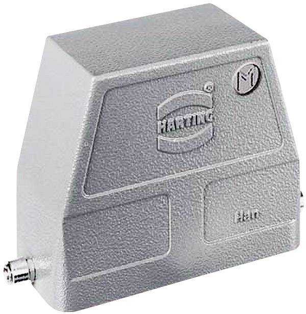 Rectangular, grey housing cover with 'Harting' logo. Contains two small screw fasteners on the sides. Potential protection for electrical connections.