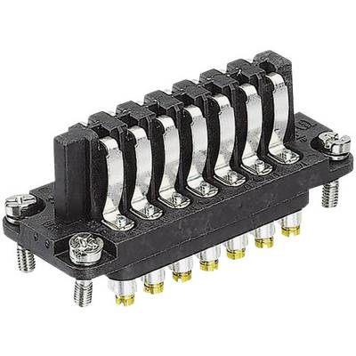 A black, modular electrical connector with multiple sockets and gold-plated contact pins, secured by screws.