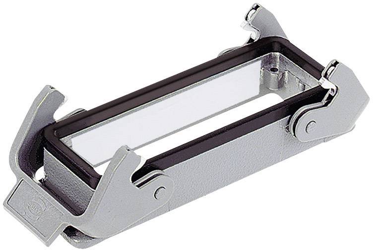 Rectangular metal frame with side locks that can be opened. Serves as a mounting or fixing element for technical devices.