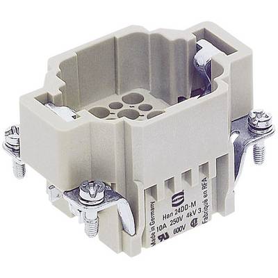 A rectangular connector housing insert with screw terminals, beige in colour, suitable for electrical connections up to 600V, 10A.
