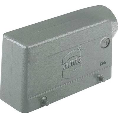 Green metal roof housing with 'Harting' printed on it. It is used as a protective cover in electrical connections.