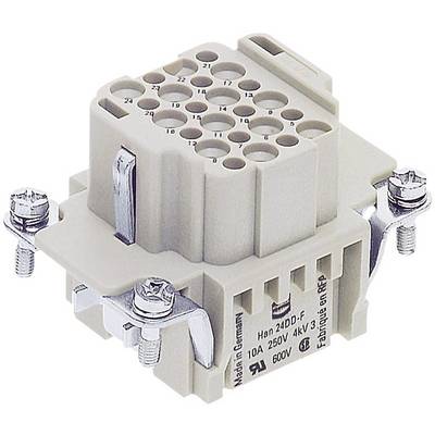 Industrial connector with multiple contact points, labelling, and mounting screws, suitable for high voltages up to 600V.