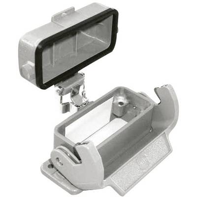Housing of an electrical connector with an open lid, revealing the internal structure and mounting elements.