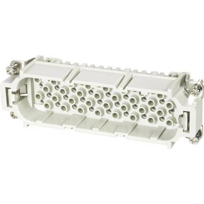 Rectangular white connector with multiple round connection openings and metal screws at the corners for securing.