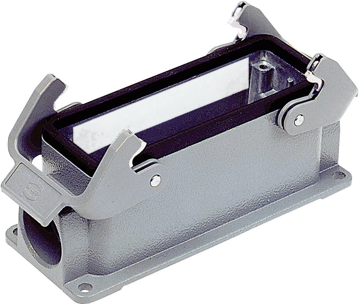 A rectangular, grey metal enclosure for industrial electrical connectors with two side levers for securing.