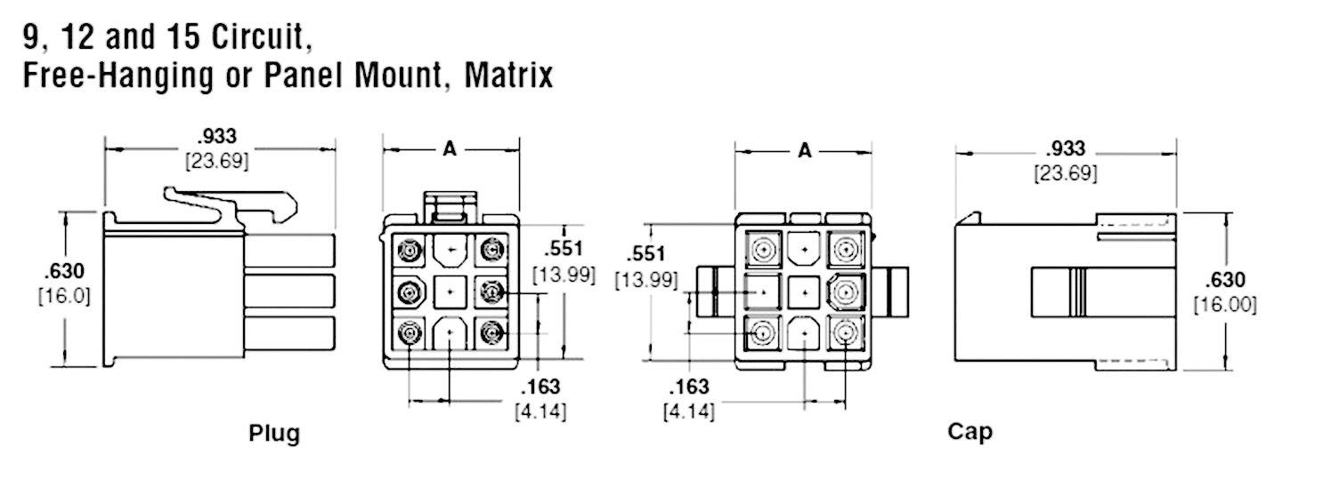 'Diagram of connectors with dimensions: Length 0.933 inches, Width 0.551 inches, Height 0.530 inches. Suitable for free-hanging or panel mounting.'