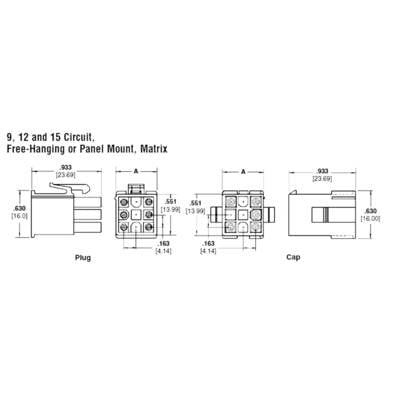 'Diagram of connectors with dimensions: Length 0.933 inches, Width 0.551 inches, Height 0.530 inches. Suitable for free-hanging or panel mounting.'