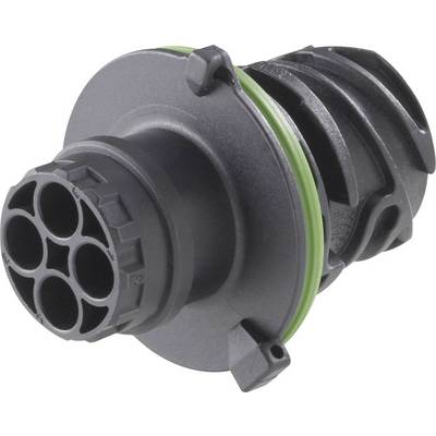 A black round connector with five openings and a green sealing ring, likely for electrical connections.