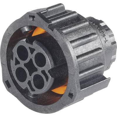 A black, cylindrical plastic component with orange elements, resembling a mechanical part or connector.