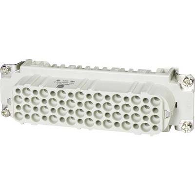 Rectangular, grey multi-pin connector with several round connection apertures. Suitable for industrial applications.