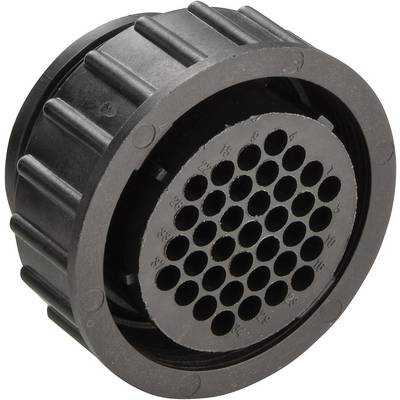 A round black component with many small holes arranged radially in the centre. Potentially a mechanical or electrical part.