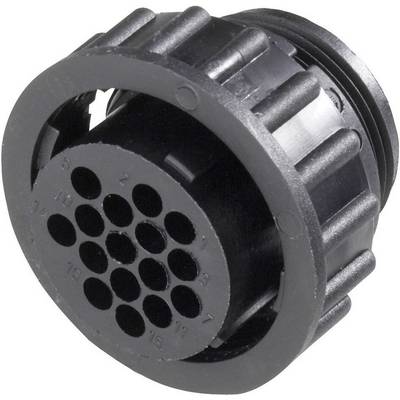 Black plastic component, cylindrical in shape with multiple round openings on the front face, likely an electrical connector or socket.
