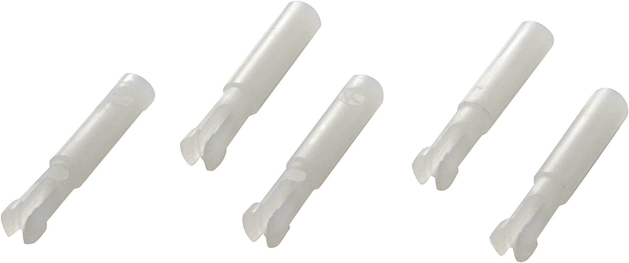 Five white, cylindrical plastic components with flattened ends, evenly distributed. Purpose or context not discernible.