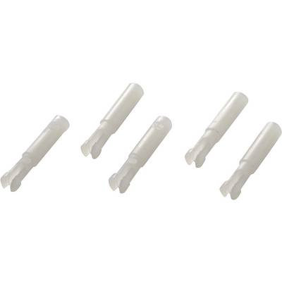 Five white, cylindrical plastic components with flattened ends, evenly distributed. Purpose or context not discernible.