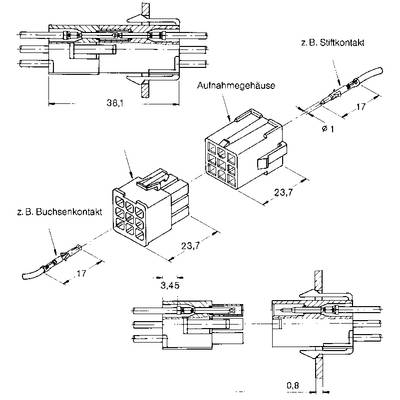 Technical drawing of an electrical connector with dimensions and components such as pin and socket contacts.