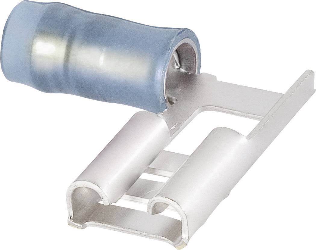 An isolated flat blade connector with blue insulation and a metallic crimping section, used for electrically connecting cables.