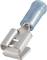 Metallic electrical connector with a blue plastic handle, suitable for electrical connections and wiring.
