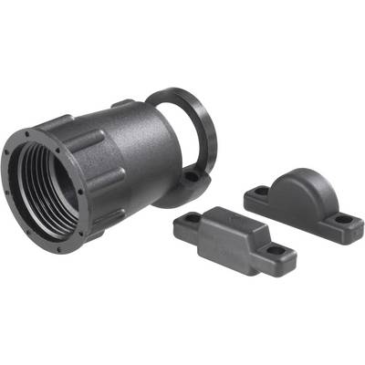 Black plastic component with screw thread and two mounting clips. Used for assembly and connection of electrical components.