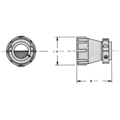 Technical drawing of a mechanical component with diameter 'A' 0.64 and length 'B' 0.76. Side and front views shown.