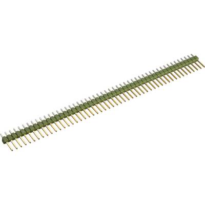 Row of metal pins with a green plastic base, commonly used in electronic devices as connector pins or pin headers.