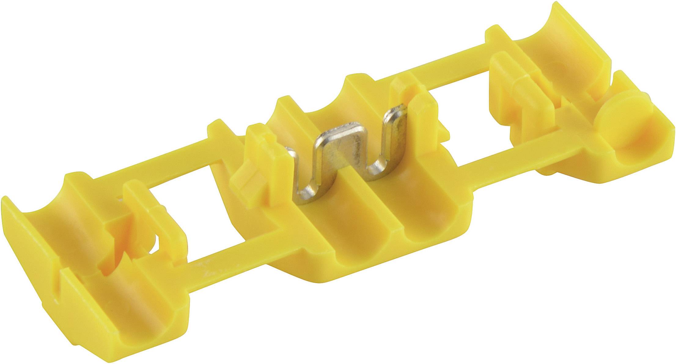 Yellow plastic component with multiple mounting points and a central metal contact. Used for electrical connection within a system.